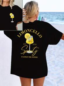 SHEIN Unity 宽松款女士 T 恤“Limoncello Spritz”，夏季图案 T 恤女士上衣