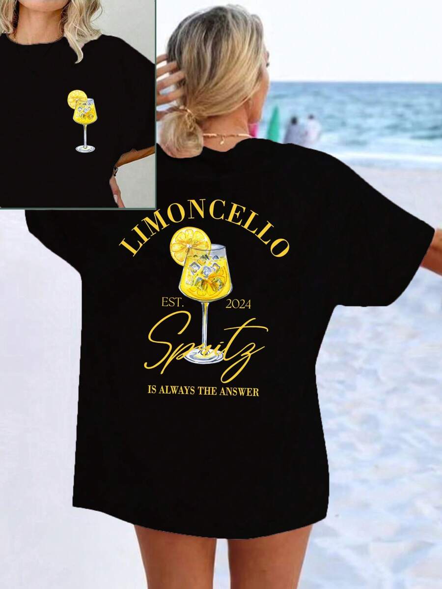 SHEIN Unity 宽松款女士 T 恤“Limoncello Spritz”，夏季图案 T 恤女士上衣