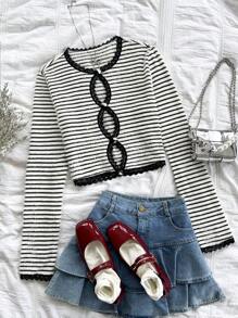 Soleia Spring Autumn Casual Colorblock Stripe Lace Trim Hollow Long Sleeve T-Shirt - Beige - View 1