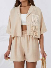 RueChic Women Embroidery Pocket Shirt & Shor Set - Beige - View 3