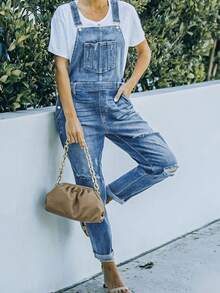 女士休闲牛仔工装裤 - 藍色 - 查看 6