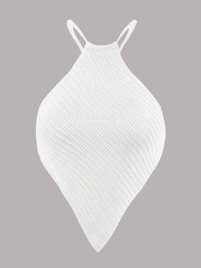 Chiquease Solid Color Asymmetric Hem Halter Backless Sleeveless Knit Top
