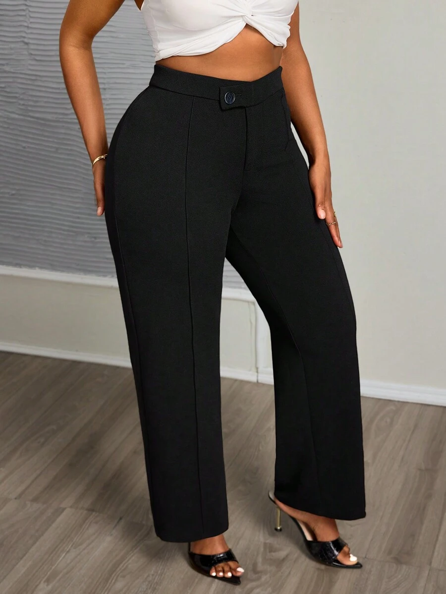 Slaydiva 大码纯黑色高腰直筒褶皱阔腿裤，休闲优雅，秋冬 - 黑色 - 查看 1