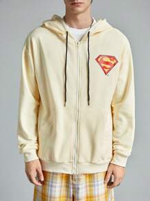 ROMWE MEN SUPERMAN X ROMWE Men's Anime Character & Japanese Text Printed Loose Fit Drawstring Zip-Up Hoodie, Spring Autumn