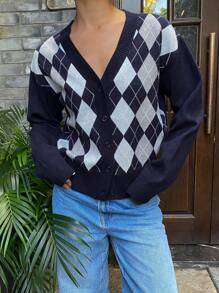 DAZY Áo khoác cardigan nữ tay dài cổ chữ V kẻ caro nhiều màu, quần áo nữ mùa thu - Màu xanh hải quân - Xem 1
