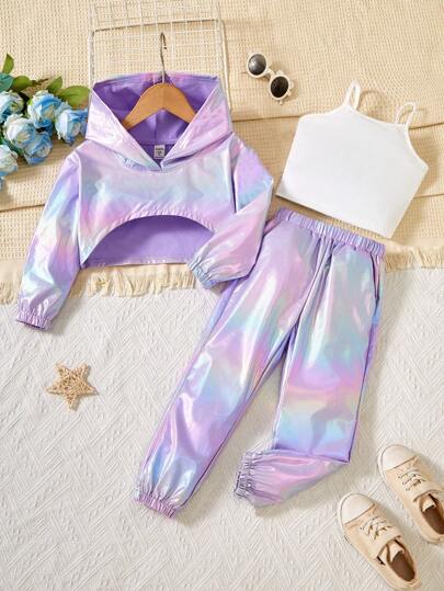 SHEIN Young Girls' Fashion, Casual, Cool And Versatile Metal Coating Fabric, Dreamy Macaron Color Gradient Tie-Dye Pink And Purple, Like The Texture Of Shell Pearls, Suitable For Gasoline Barrels, Suitable For Spring, Suitable For Daily Travel, Going To School,  To Play, Street Wear, Long-Sleeved Hooded Sweatshirt, Sweatshirt With A Small Camisole And Casual Sports Trousers, Versatile, Fashionable, Personalized, Changeable, Three-Piece Suit For Girls