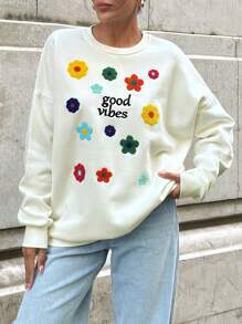 EURMUSE Áo nỉ thêu chữ và hoa cho mùa thu đông - trắng - Xem 3