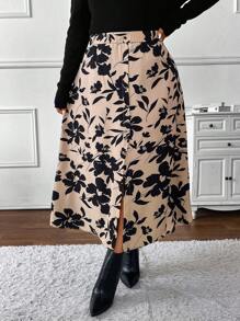 SHEIN Frenchy 大码花卉印花中长开衩裙、秋季半身裙、办公室服装