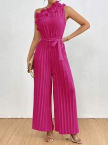 Chiquease Women's Solid Color Asymmetric Collar Embroidered Pleated Jumpsuit - Hot Pink - View 4