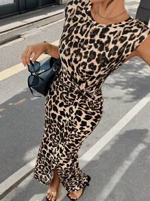 Siren Gaze 女式夏季豹紋印花扭結短袖圓領長款休閒連衣裙，側開叉設計 - 彩色 - 查看 1