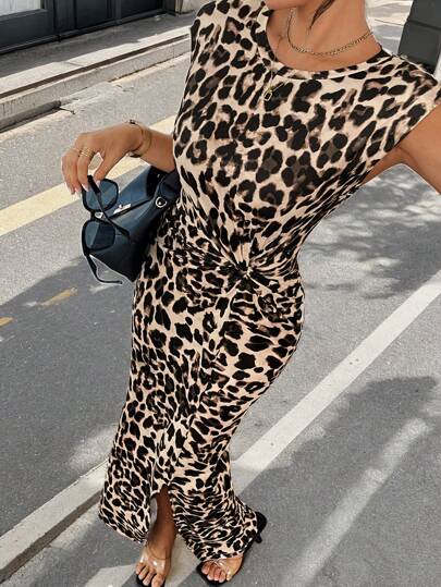 Siren Gaze 女式夏季豹紋印花扭結短袖圓領長款休閒連衣裙，側開叉設計