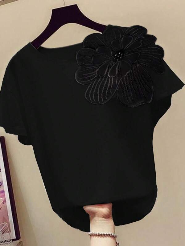 Franclia Women's Round Neck Short Sleeve 3D Flower Design  T-Shirt