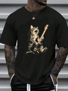 Manfinity Dauomo 男士大尺碼夏季休閒貓印花T恤 - 黑色 - 查看 1