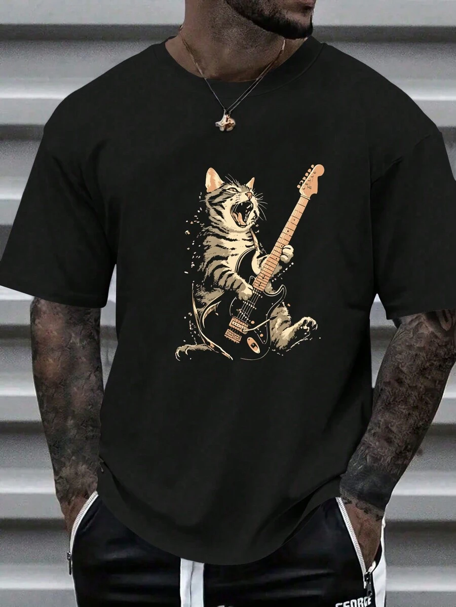 Manfinity Dauomo 男士大尺碼夏季休閒貓印花T恤 - 黑色 - 查看 1