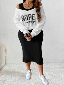 SHEIN CURVE+ 大码女式两件套：长袖印花上衣和纯色无袖连衣裙，日常休闲 - 白色 - 查看 5