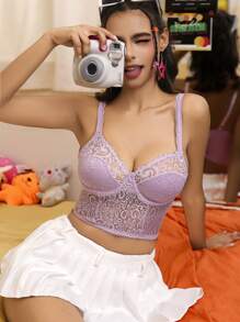 Lace Women's Underwear Bra (With Underwire) 1pc Set Sexy Lingerie - Mauve Purple - View 5