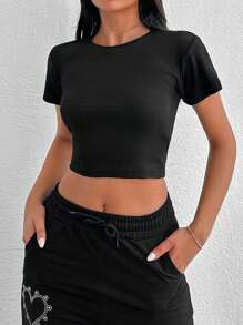 EURMUSE 3pcs/Set Women's Simple Round Neck Solid Color Cropped Short Sleeve T-Shirt (White+Black+Army Green) - MultiWarna - View 7