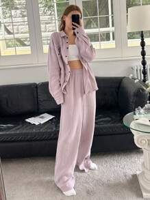 DAZY 字母刺绣纹理纱布前扣长袖上衣和裤子睡衣套装 - 粉色 - 查看 4