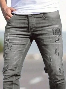 Manfinity Homme Men's Ripped Slim Fit Casual Jeans, Men Distressed Skinny Jeans, Grey Skinny Jeans Men, Men Skinny Jeans - Light Grey - View 4