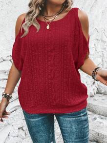 SHEIN LUNE Plus Size Casual Solid Color Hollow Embroidery Open Shoulder T-Shirt - Red - View 3