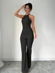 Elenzga Solid Color Sleeveless Women's Top & Pants Set