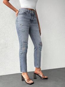 EURMUSE High Waist Ripped Mom Fit Jeans - Rửa trung bình - Xem 4