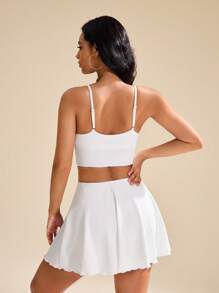 CourtClass CourtClass Women's Solid Color White Minimalist Casual Sports Crop Cami Top & Tennis Skort Set - White - View 2