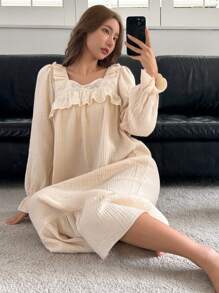 DAZY Váy thường ngày mùa hè vải kết cấu bèo nhún - Màu be - Xem 5