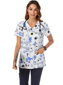 TaskEZ V-Neck Short Sleeve Stylish Printed Nursing Uniform Scrub Top - Blue and White - View 7
