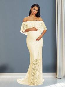 Maternity Off Shoulder Ruffle Collar Dress Lace Mermaid Gown For Photo Shoot Baby Shower, For Photoshoot - Apricot - View 3