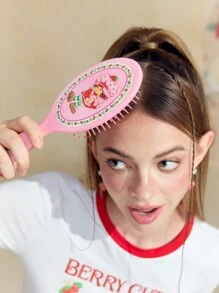 Strawberry Shortcake X SHEIN Cartoon Character & Strawberry Print Pink Hand Fan Hair Brush