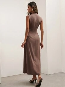 COSMINA 女士休闲纯色前扣无袖中长连衣裙，夏季