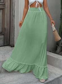 RueChic Frill Trim Shirred Detail Ruffle Hem Skirt