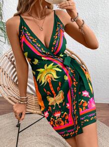 Travachic Vestido Casual com Estampa Tropical e Alças Finas com Laço Frontal, Roupa de Resort