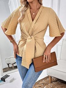 SHEIN LUNE Short Sleeve Solid Tie-Front Elegant Blouse For Summer - Khaki - View 4