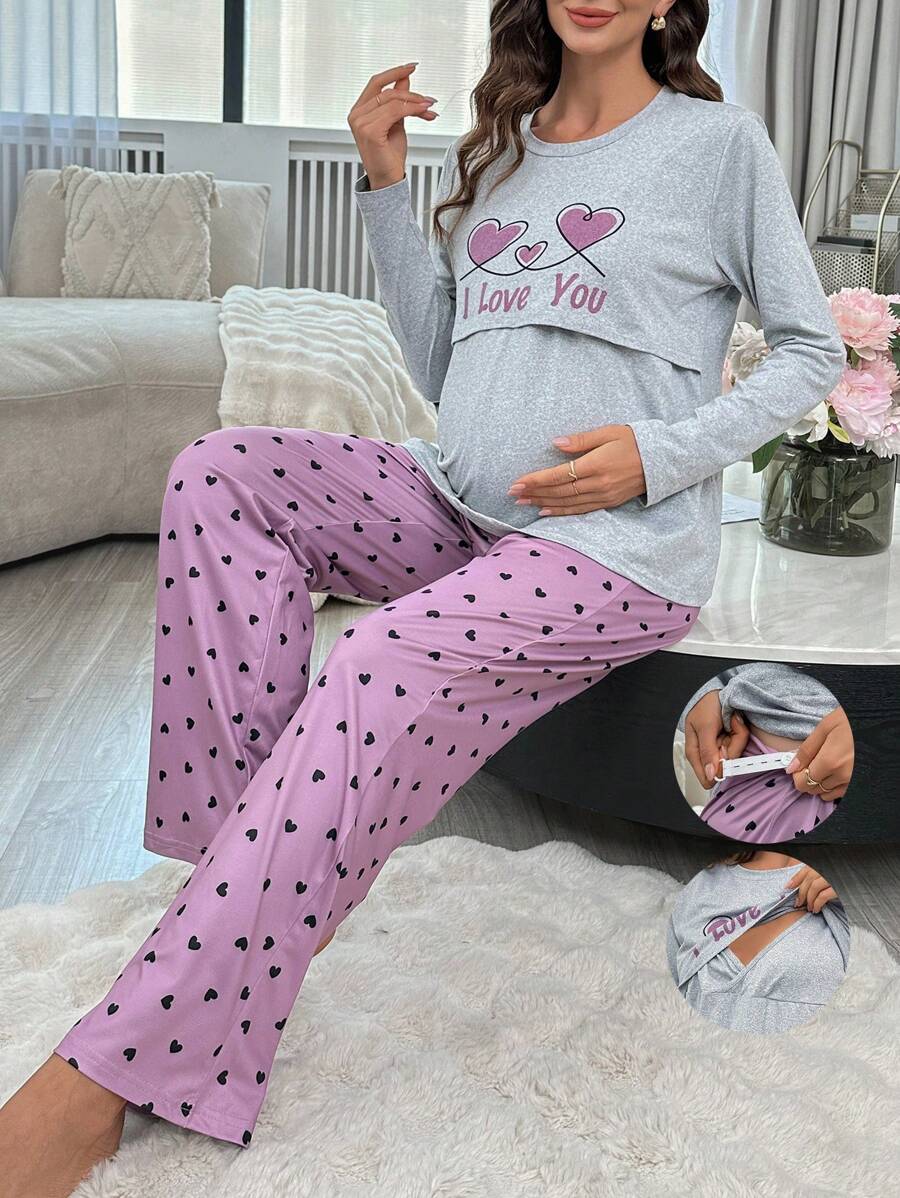 Moonlight&Mama 情书印花长袖上衣和裤子哺乳孕妇睡衣套装，秋冬服装 - 灰色 - 查看 1