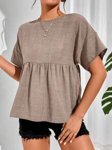 SHEIN Essnce Femmes Chemise ample d'été à col rond, manches chauve-souris, ourlet à volants, couleur unie, Hauts à manches courtes