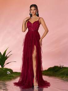 Spaghetti Strap Sexy 3D Embroidered Contrast Mesh Ruffled High Slit Dress, Elegant Formal Evening Prom Dress, For Wedding Guest, Graduation, Dinner Party Dress,Gown - Red - View 5