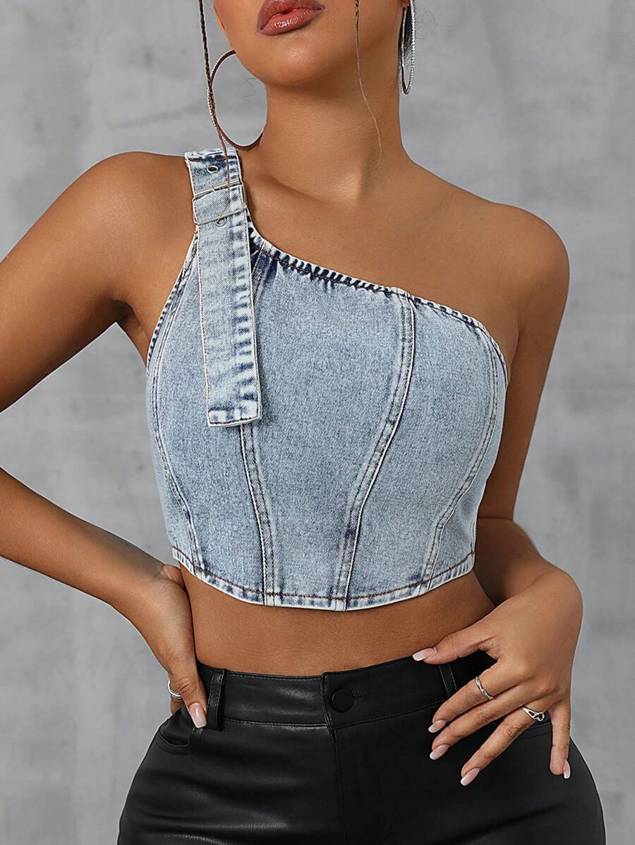 SHEIN SXY Summer Fashionable Washed Denim One-Shoulder Cropped Top - Blue - View 1