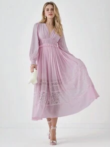 Enchnt Abito lungo elegante da donna in colore unito con scollo a V, maniche lunghe e pizzi su parti del vestito, adatto per primavera ed estate - Rosa corallo - Visualizzare 3
