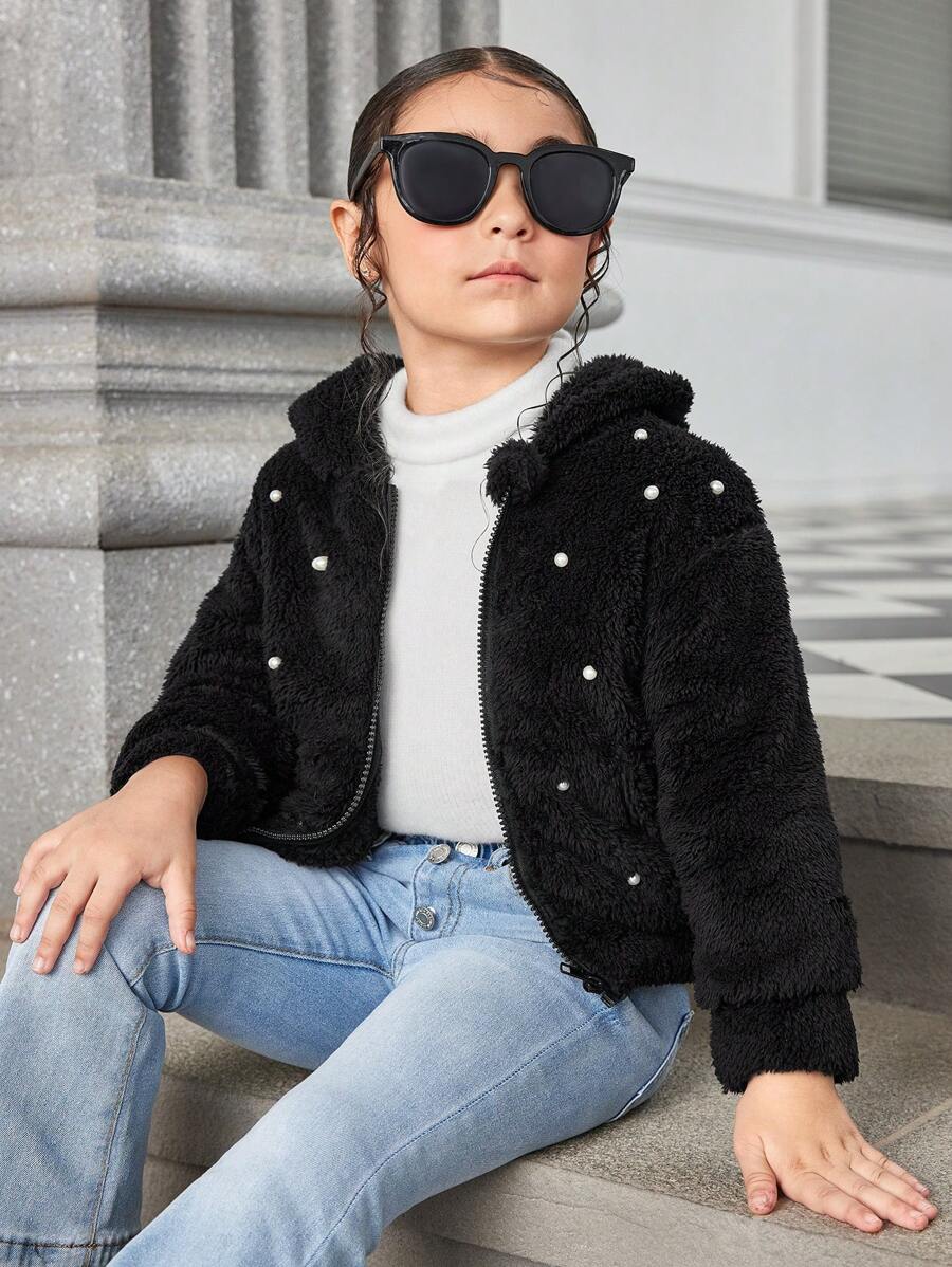 SHEIN Explorewe Young Girl Black Fluffy Jacket With Faux Pearl Decor , Elegant And Versatile Design Suitable For Casual Wear, Formal Occasions, And Autumn/Winter Seasons - Black - View 1