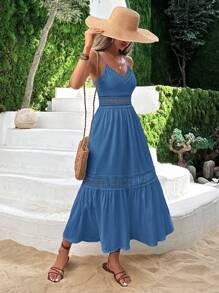 RueChic V-Neck Guipure Lace Insert Ruffle Hem Dress - Blue - View 5