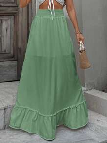 RueChic Frill Trim Shirred Detail Ruffle Hem Skirt