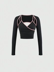 Sweetra Conjunto casual de 3 piezas con top corto de manga larga cuello redondo con ribete a color, camiseta interior y pantalón ancho de pierna plisada
