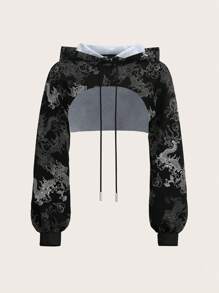 SHEIN ICON 女士时尚印花短款连帽衫 - 黑色 - 查看 1