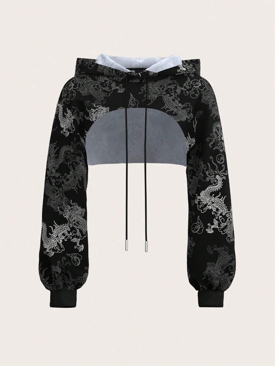 SHEIN ICON 女士时尚印花短款连帽衫 - 黑色 - 查看 1
