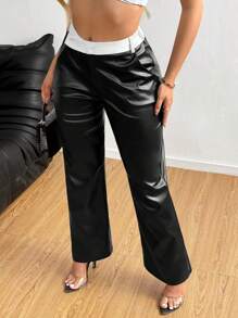 SHEIN SXY 时尚黑白 PU 皮革女裤 - 黑與白 - 查看 5