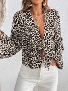 SHEIN VCAY Vacation Rayon Woven Leopard Print Open Front Long Sleeve Regular Blouse For Women,Long Sleeve Tops - Khaki - View 4
