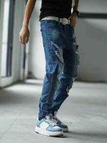 Manfinity EMRG Men Belt Loops Pockets Ripped Holes Design Fashion Jeans - Blue - View 7