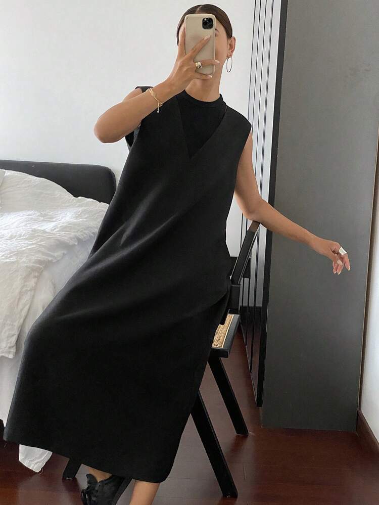 Women Loose Solid V-Neck Sleeveless Black Long Dress Sundress,Fall Clothes